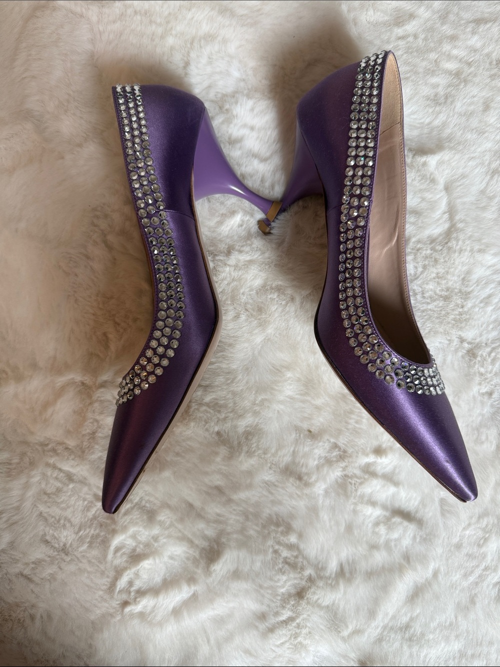 Miu Miu Purple Satin Crystal-Embellished Pointed Pumps - Picture 3 of 6